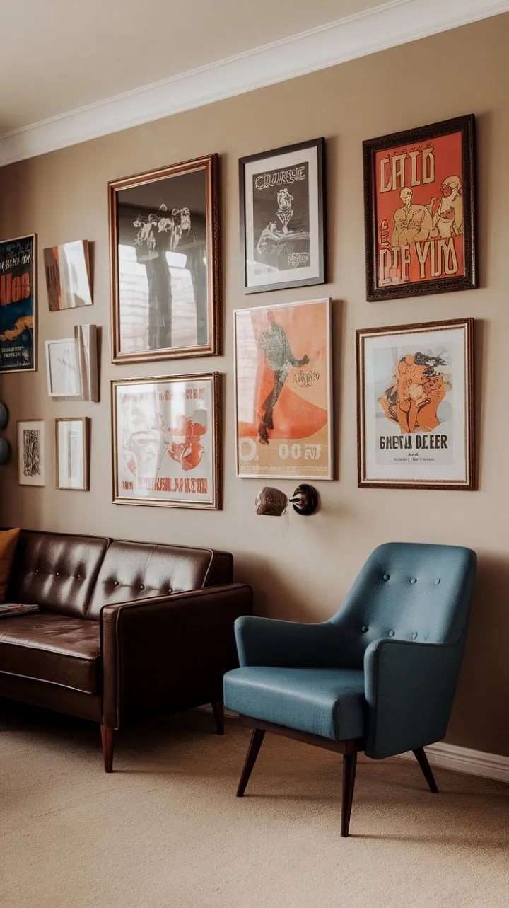 This Art Deco apartment masterfully fuses vintage movie posters and 70s furnishings, creating a stylishly inviting space that celebrates curated eclecticism.