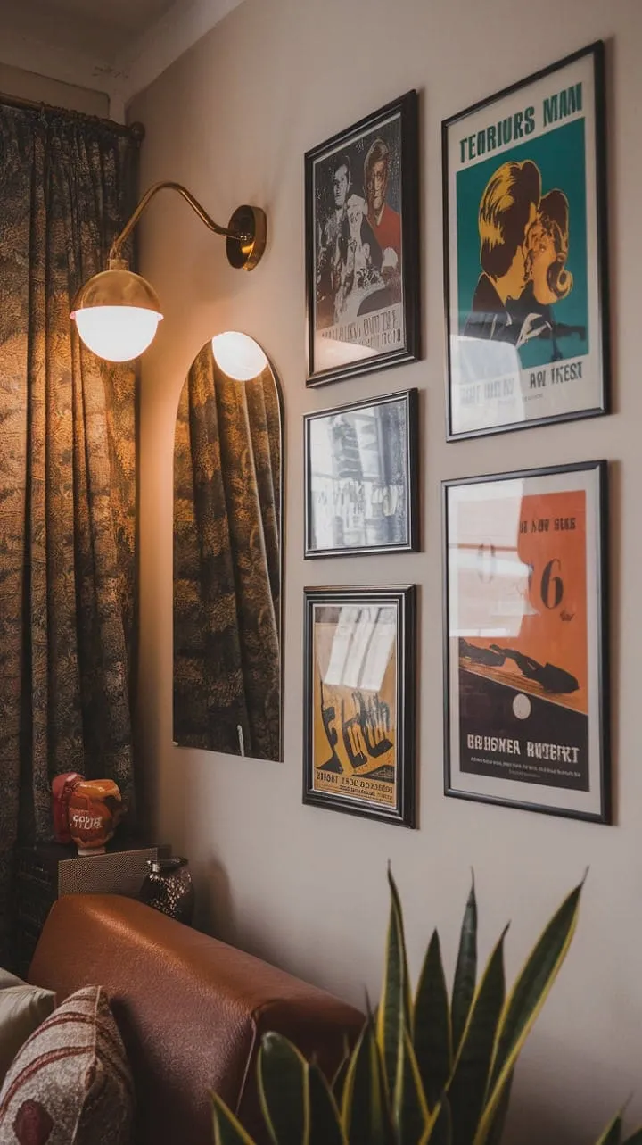 This retro-inspired living room artfully fuses vintage movie posters and 70s decor against a stunning Art Deco backdrop, showcasing a harmonious blend of eras for a uniquely stylish space.