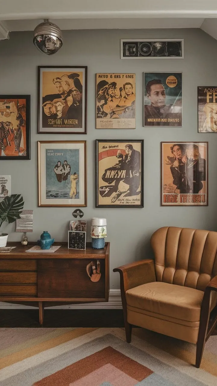 This 70s-inspired haven captivates with geometric lines, bold colors, and a curated mix of vintage movie posters and Art Deco accents, creating a uniquely sophisticated atmosphere.