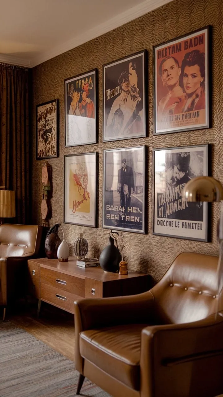 A stunning gallery wall of vintage movie posters complements the mid-century modern furniture in this 70s-inspired Art Deco apartment, creating a sophisticated fusion of retro styles.