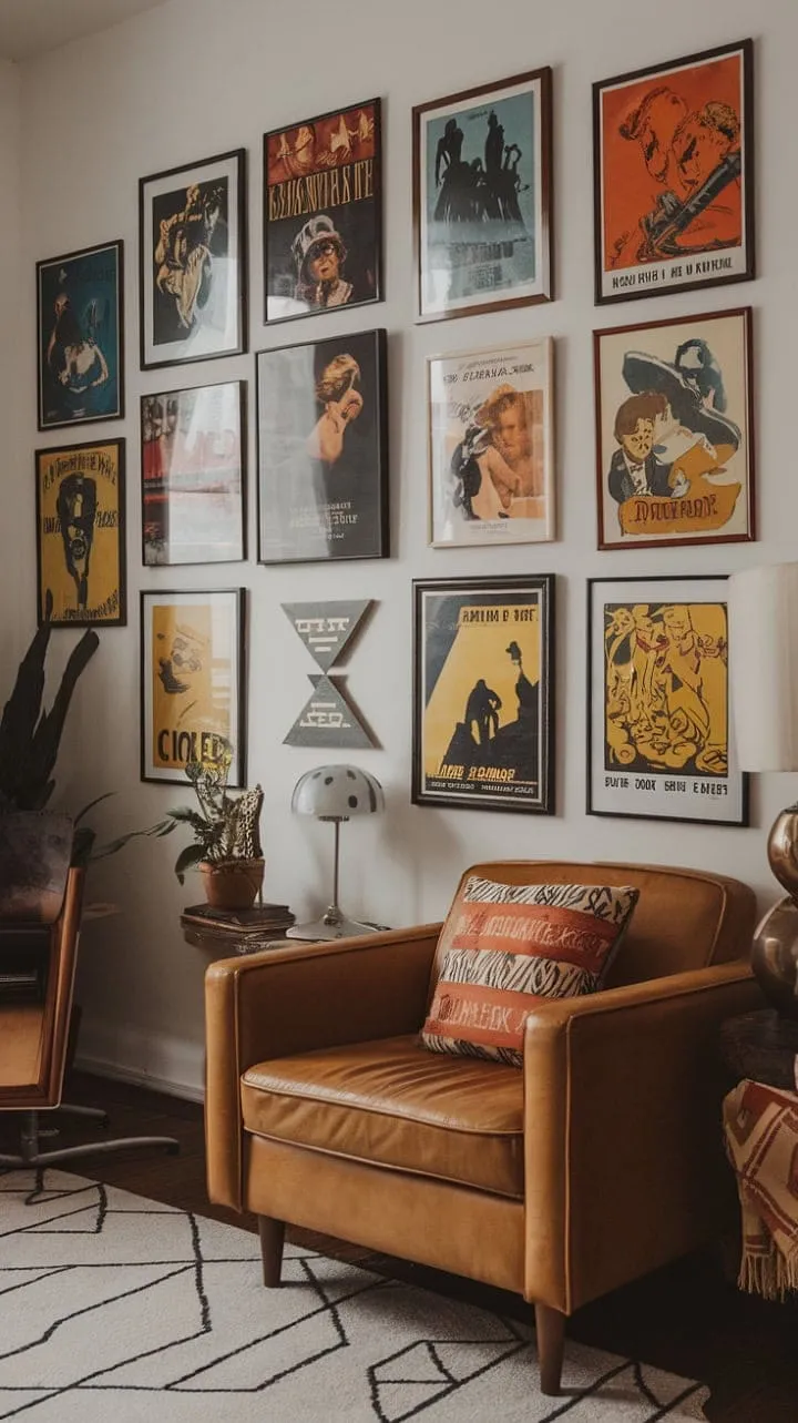 Art Deco architecture harmonizes with vintage movie posters and mid-century modern furniture to create a captivatingly unique living space.