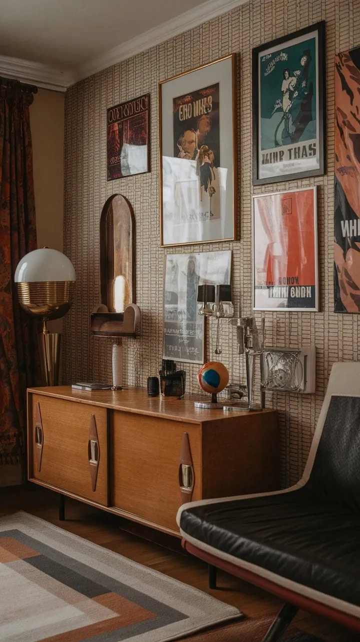 This Art Deco apartment dazzles with geometric patterns and cinematic flair, blending vintage movie posters and 70s decor into a vibrant, nostalgic haven of charm.