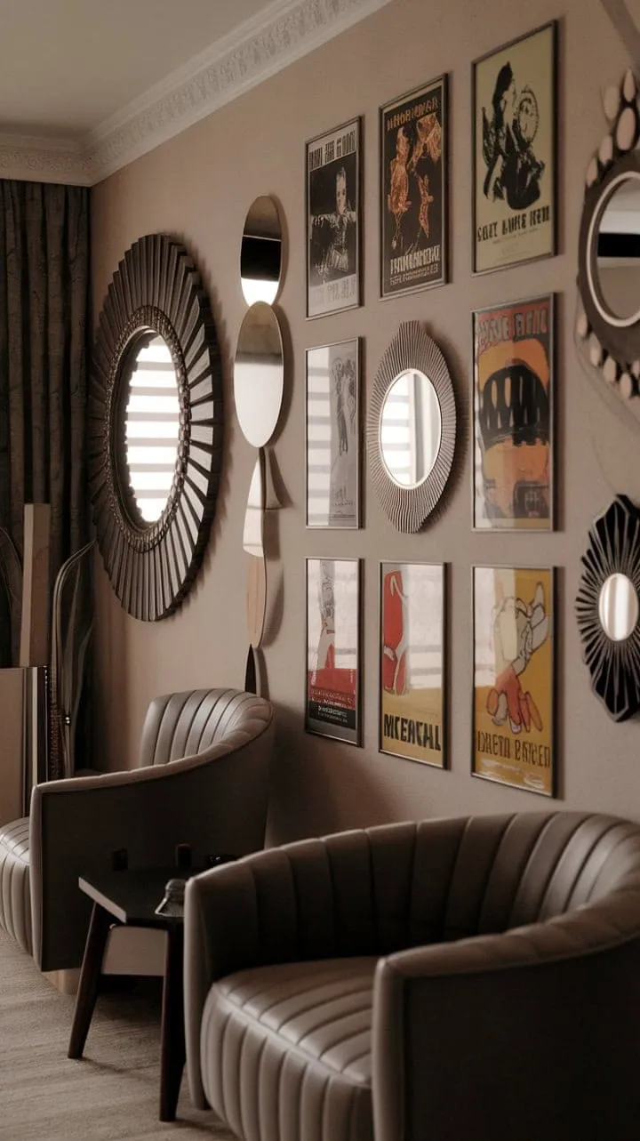 This apartment artfully fuses Art Deco elegance with 70s retro charm, featuring vintage movie posters and ornate mirrors that evoke a timeless yet personal ambiance of calm luxury.