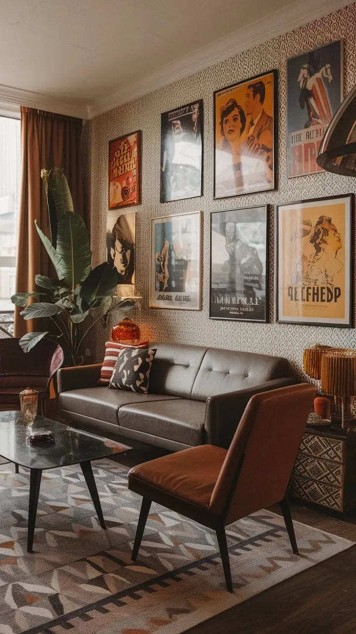 This art deco apartment seamlessly blends vintage movie posters with mid-century modern furniture, creating a cozy yet glamorous homage to retro design.