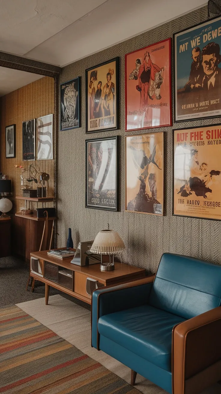 A captivating blend of eras, this apartment seamlessly unites the sophistication of Art Deco architecture with the warm embrace of 70s style and mid-century modern furniture. Vintage movie posters adorn the walls, creating a vibrant gallery showcasing a love for classic cinema. A space where history and style intertwine beautifully.