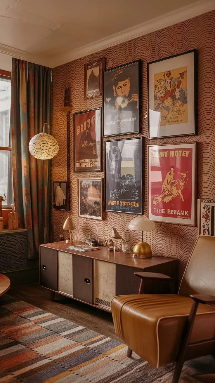 Step back in time to this effortlessly cool apartment, where Art Deco elegance meets mid-century modern lines and a touch of groovy 70s flair. The gallery wall, a curated collection of vintage movie posters, adds a cinematic touch to the already captivating space. A testament to timeless design.