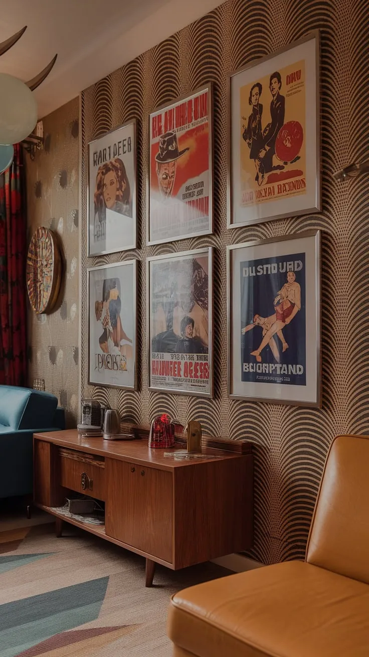 This apartment is a captivating blend of eras, showcasing the best of Art Deco, mid-century modern, and 70s design. The vintage house decor, including the carefully curated gallery wall of classic movie posters, creates a uniquely stylish and inviting atmosphere. A true reflection of curated vintage style.