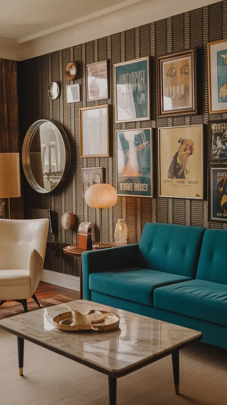 This apartment is a testament to the enduring appeal of retro design. The 70s-inspired interior, complete with a teal sofa and white accent chair, is beautifully balanced by the Art Deco architecture and a curated gallery wall featuring mid-century modern frames and classic movie posters. The thoughtful arrangement of wall decor, including the statement mirror and stylish lamp, elevates the space to a haven of sophisticated vintage style.