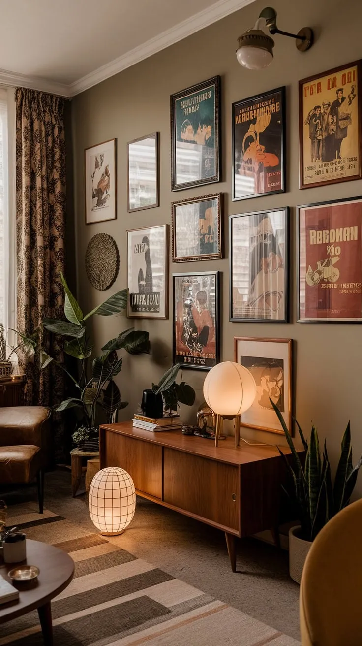 This 70s-inspired Art Deco apartment is a haven of vintage elegance. The carefully chosen collection of movie posters, displayed in mid-century modern frames, adds a touch of cinematic glamour to the space. The earthy tones and lush greenery create a calming atmosphere, showcasing a masterful blend of retro and modern aesthetics. A perfect example of how to seamlessly integrate different design eras.