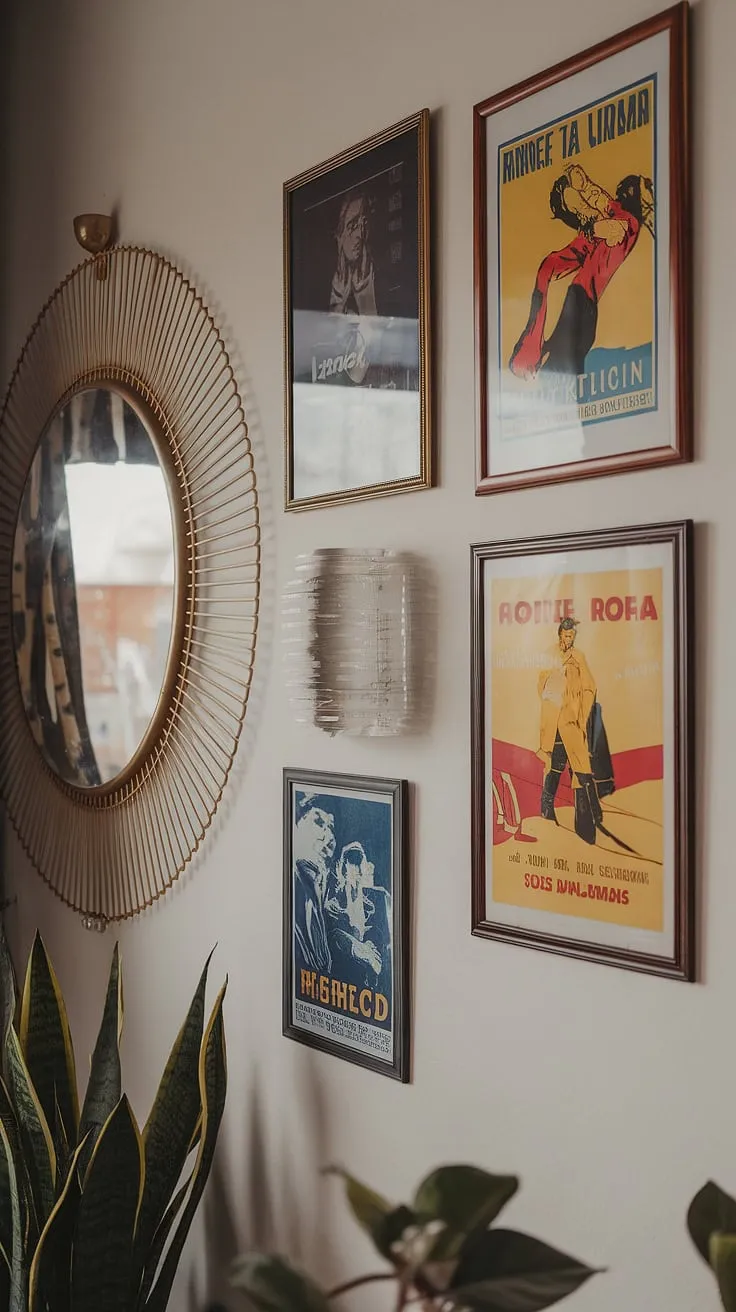 This retro haven seamlessly blends Art Deco architecture with 70s interior design. A gallery wall featuring mid-century modern frames and vintage movie posters adds a touch of cinematic glamour. The decorative mirror and small plants complete the look, creating a space that's both stylish and inviting. A perfect example of how to blend eras with effortless chic.