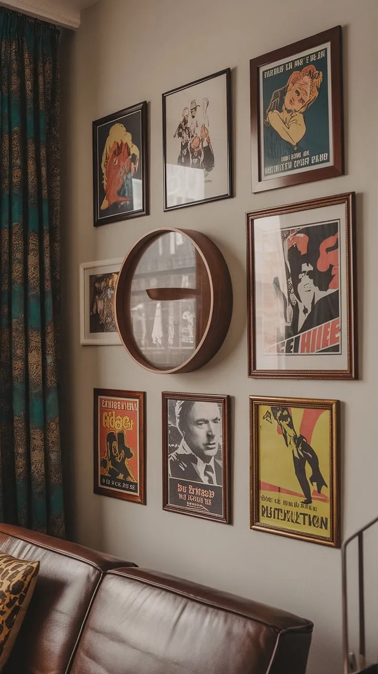 This stunning apartment effortlessly blends Art Deco architecture with the vibrant energy of 70s design. A carefully assembled gallery wall, featuring mid-century modern frames and classic movie posters, anchors the space. The retro room decorations and considered wall decor choices create a truly unique and captivating atmosphere. A must-see for any design enthusiast.