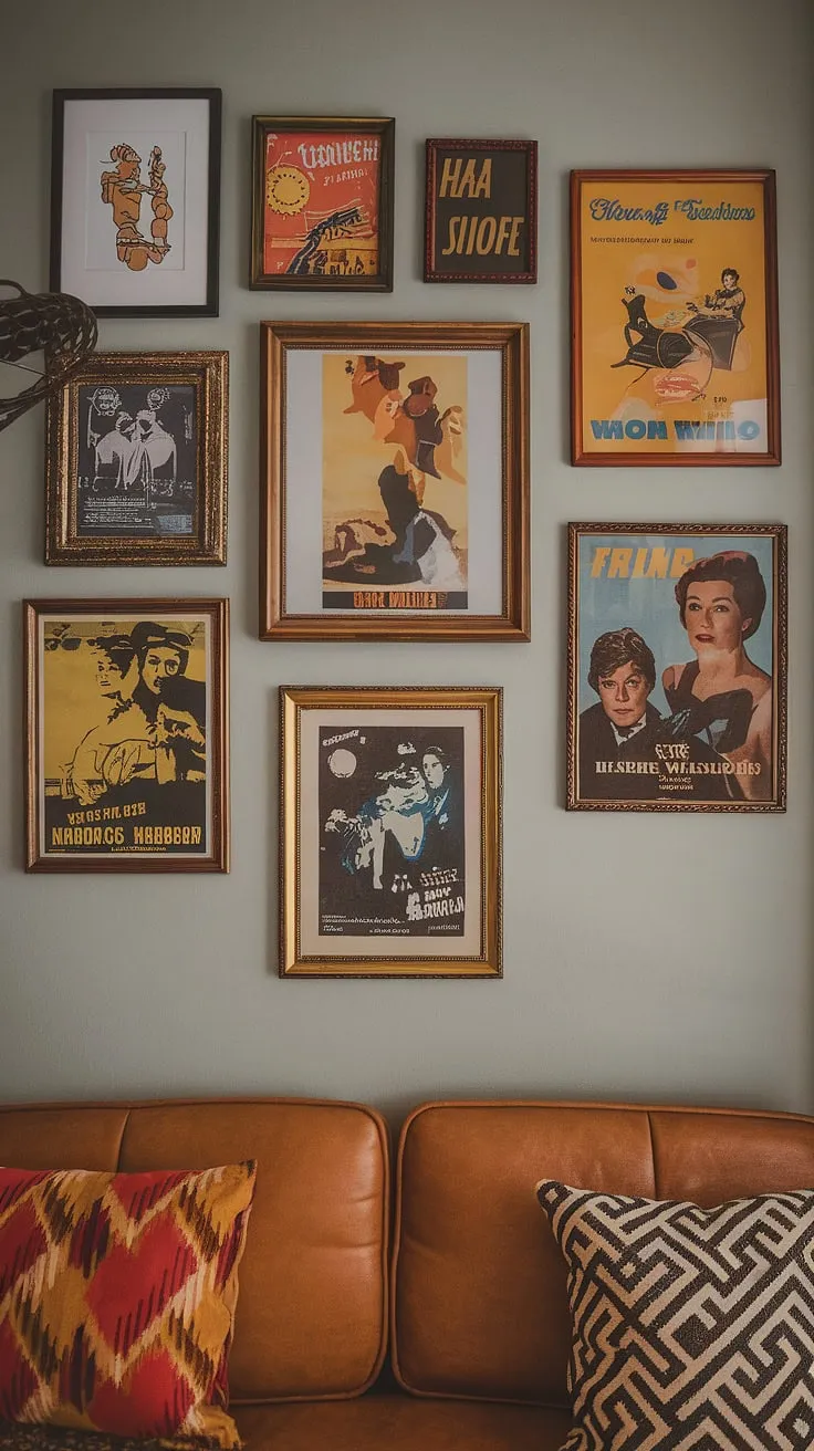 Step back in time to this stunning Art Deco apartment, where vintage movie posters in mid-century modern frames create a gallery wall that whispers of Hollywood glamour. The 70s-inspired interior design and retro decor complete the scene, a perfect blend of eras that's effortlessly chic. A true testament to timeless style.