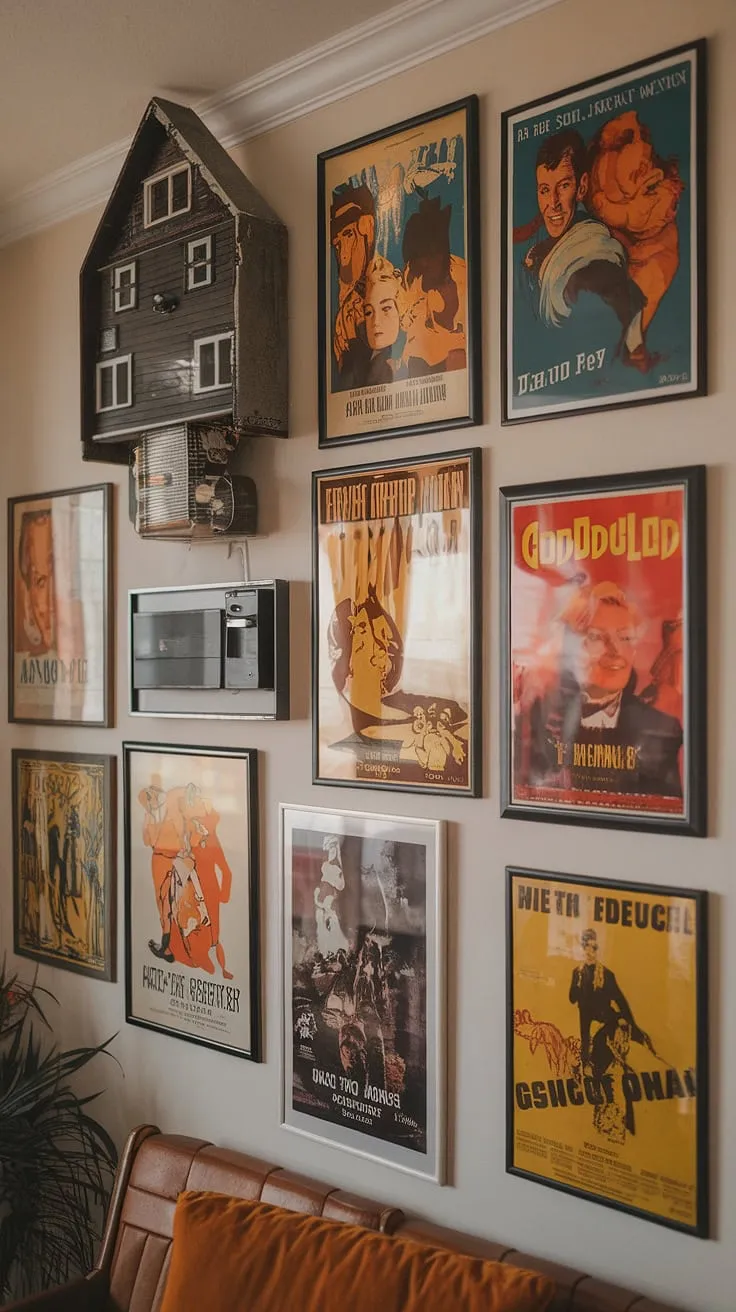 This apartment is a dream for any film buff. A curated collection of vintage movie posters forms a stunning gallery wall, perfectly complemented by the retro 70s furnishings and a charming vintage house decor piece. The overall effect is a sophisticated blend of mid-century modern and art deco aesthetics, creating a space that's both stylish and nostalgic.