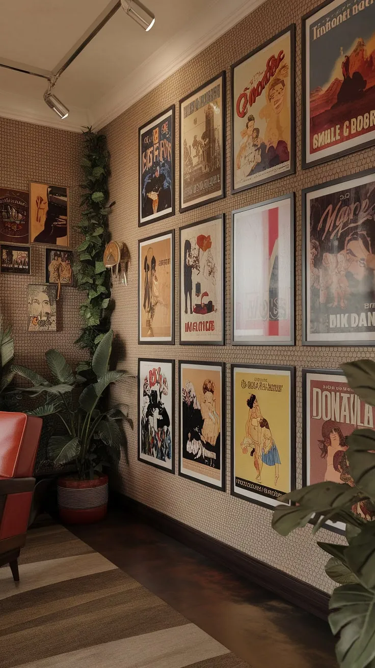 Stepping back in time, this mid-century modern apartment effortlessly blends art deco elegance with 70s retro charm. The beige walls, dark brown floors, and gallery wall of vintage movie posters create a captivating atmosphere, perfectly complemented by lush greenery. A true testament to timeless design.