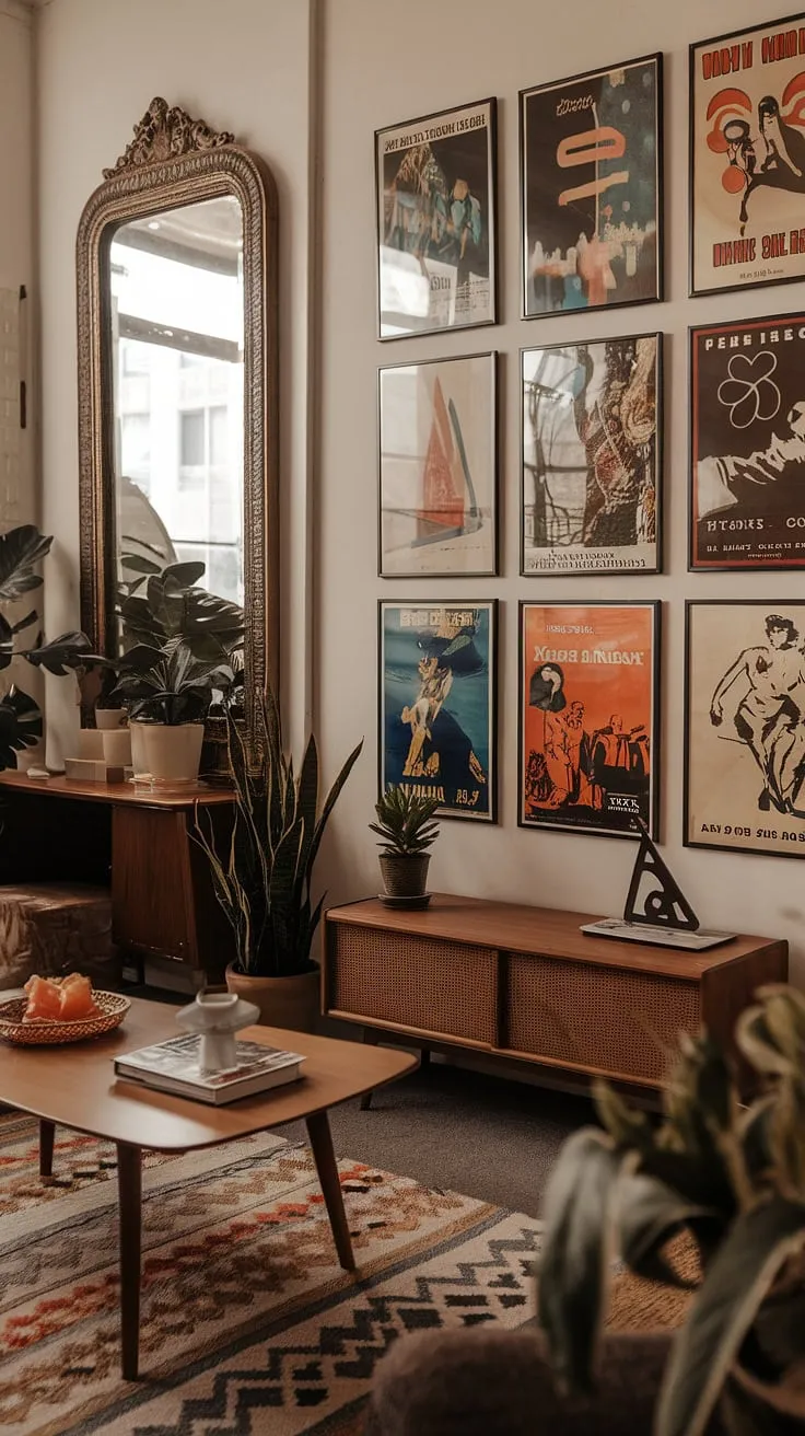 This stunning apartment seamlessly blends Art Deco architecture with the vibrant energy of 70s interior design. The curated collection of vintage movie posters, alongside the abstract art and ornate mirror, forms a dynamic gallery wall. The rich textures and patterns throughout the space, from the rug to the potted plants, complete this stylish and sophisticated retro haven.