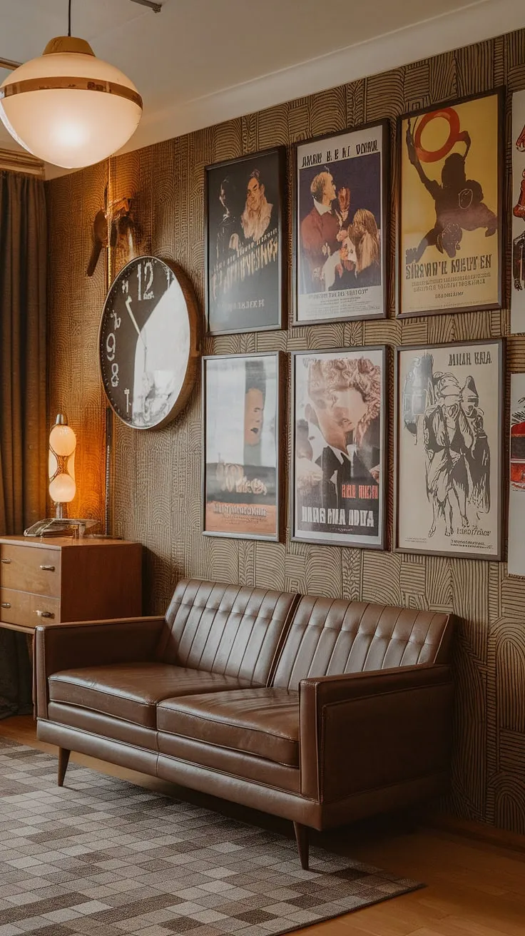 This apartment is a symphony of design eras. Art Deco lines meet mid-century modern furniture, all anchored by the vibrant energy of a 70s patterned rug. A gallery wall of vintage movie posters and a retro clock add personality, creating a space that's both stylish and effortlessly cool. A true collector's dream.