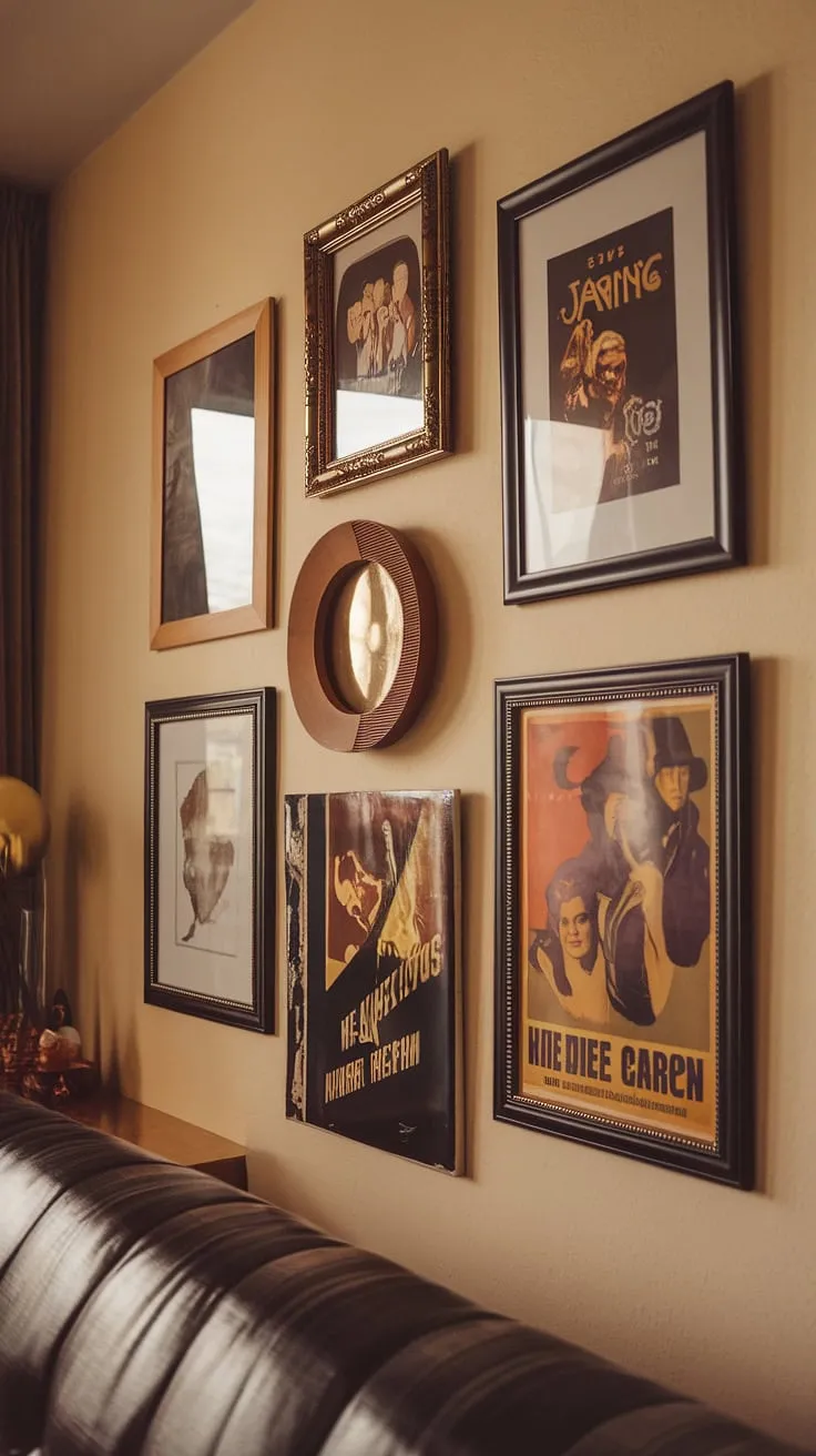 Warm lighting bathes this Art Deco haven, highlighting a curated gallery wall featuring vintage movie posters within mid-century modern frames. The 70s style interior design and retro room decoration blend seamlessly, creating a space that's both nostalgic and utterly captivating. A perfect example of retro revival.