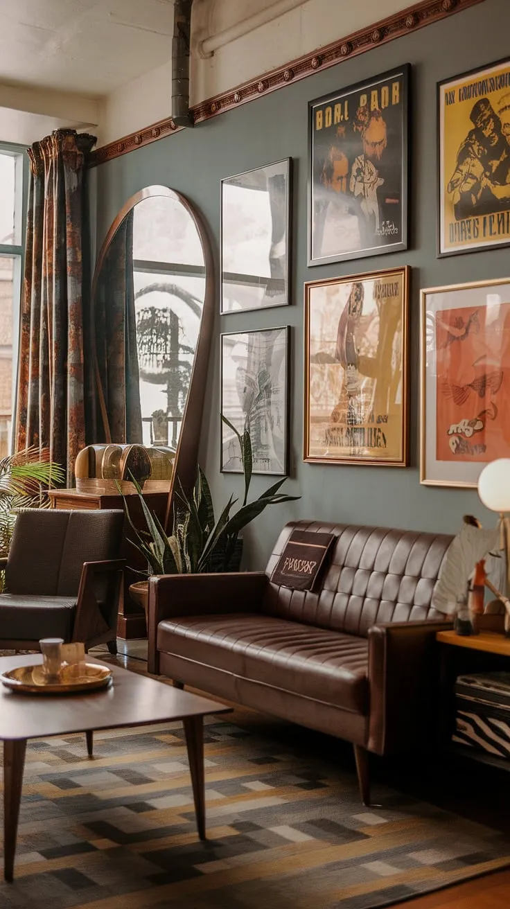 This apartment is a stunning example of how to seamlessly blend Art Deco elegance with 70s retro charm. The carefully chosen vintage movie posters, alongside the thoughtfully placed plants and lamp, create a vibrant and inviting space. The furniture, a mix of mid-century modern pieces, anchors the room, while the wall decor adds personality and depth, resulting in a truly unique and captivating home.