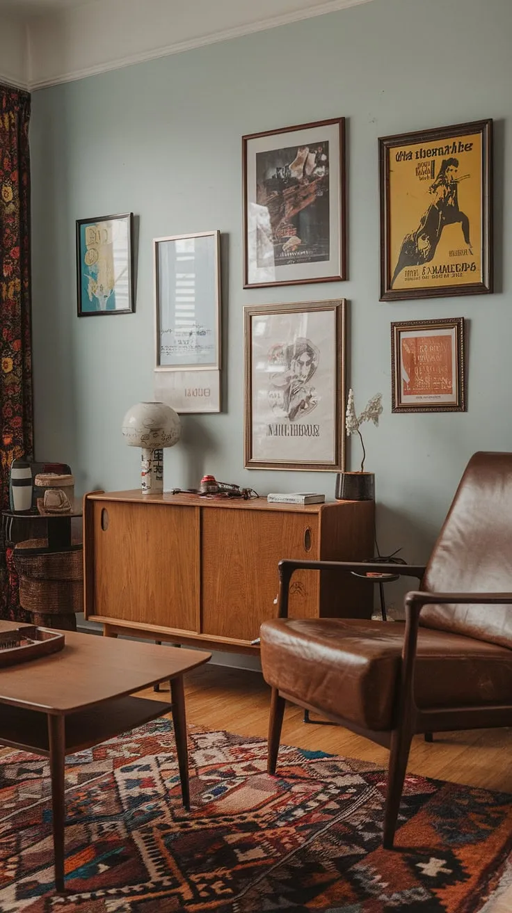 This Art Deco apartment seamlessly blends vintage charm with 70s style. The light blue walls provide a calming backdrop for the eclectic mix of furniture and artwork, creating a space that's both sophisticated and inviting. A true reflection of curated vintage finds and a love for retro design.