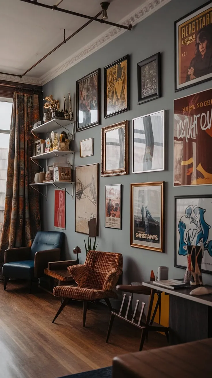 This Art Deco apartment is a haven of vintage style. From the carefully chosen mid-century modern frames on the gallery wall to the retro room decorations and 70s-inspired interior design, every detail speaks to a love of the past. The warm wood floors and carefully selected furniture create a space that is both inviting and effortlessly chic. A glimpse into a bygone era, beautifully preserved.
