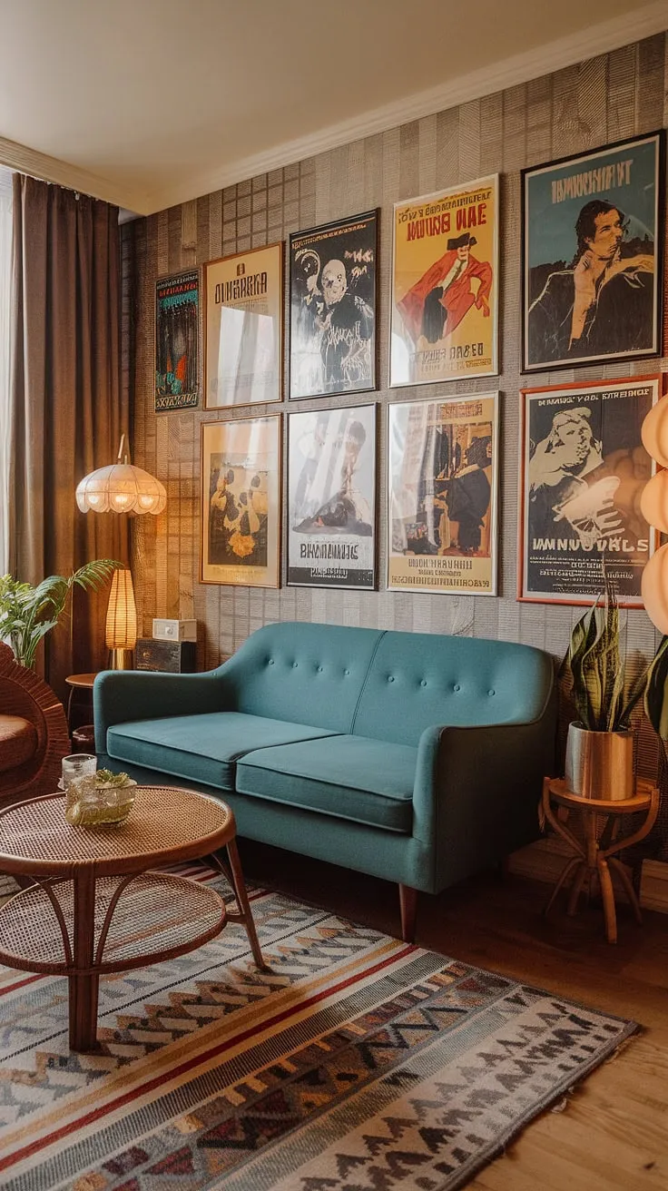Step back in time to this mid-century modern dream, where a gallery wall of vintage movie posters adds a touch of Hollywood glamour to the retro 70s vibe. The teal sofa, rattan coffee table, and patterned rug create a space that's both stylish and incredibly comfortable. A curated collection of vintage house decor items completes the scene, showcasing a unique blend of eras and styles. This apartment is a testament to the enduring appeal of classic design.
