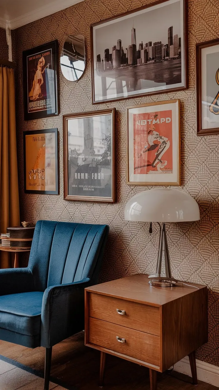 Step back in time to this stunning mid-century modern apartment, where vintage movie posters and a breathtaking city skyline photo create a captivating gallery wall. The blue velvet chair and 70s-inspired decor add a touch of retro elegance, perfectly complemented by the warm glow of the lamp on the wooden side table. A true testament to timeless design.