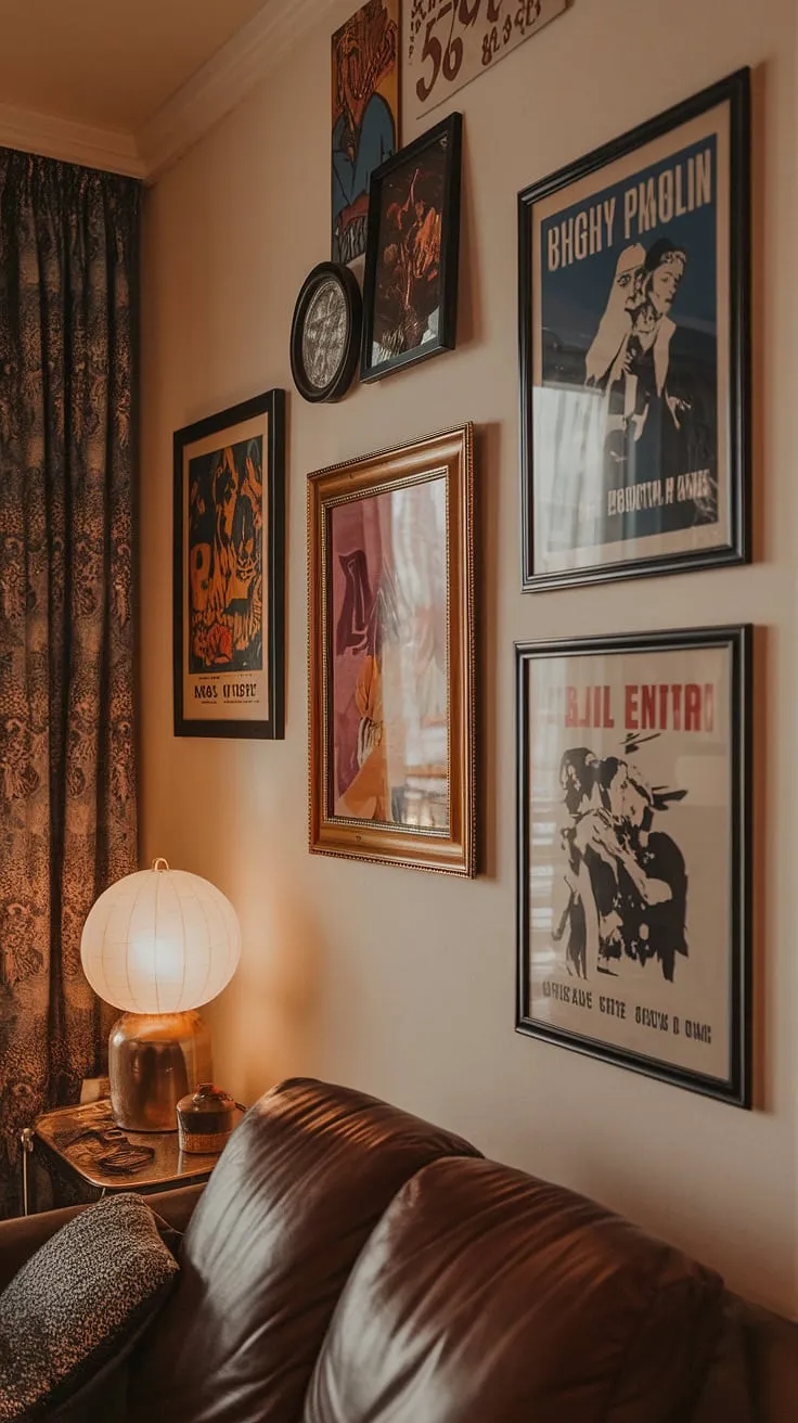 Step back in time to this stunning Art Deco apartment, where vintage movie posters and a gallery wall of mid-century modern frames create a captivating blend of eras. The warm lighting and retro room decorations evoke a sense of nostalgic charm, transporting you to a bygone era of sophisticated style. A true testament to the enduring appeal of classic design.