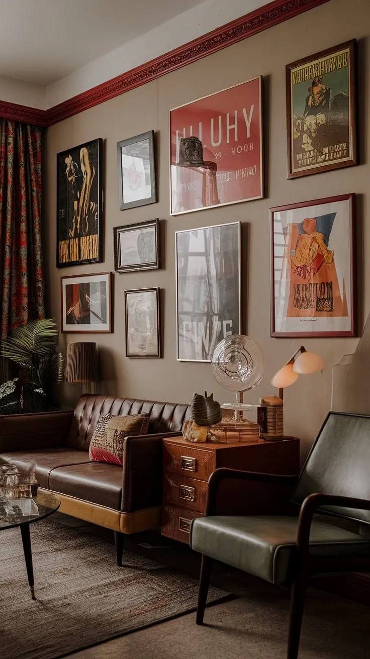 This apartment is a captivating blend of eras, showcasing the best of Art Deco and mid-century modern design. From the carefully chosen movie posters to the thoughtfully arranged artwork, every detail speaks to a refined taste and a passion for vintage finds. The result? A living space that's both sophisticated and brimming with character.