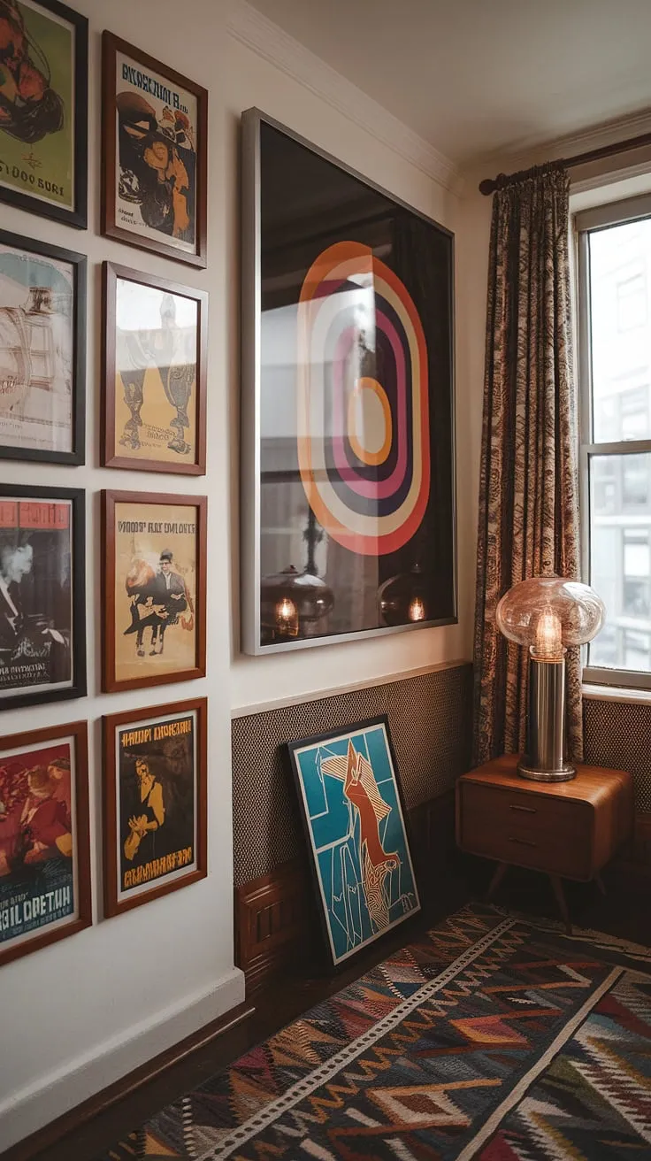 This stunning apartment seamlessly blends Art Deco architecture with the eclectic charm of 70s design. Vintage movie posters, a patterned rug, and an abstract artwork all contribute to the rich tapestry of styles. The carefully chosen details, from the vintage lamp to the window curtain, create a space that is both stylish and inviting. A perfect example of how to effortlessly combine different eras to create a truly personal aesthetic.