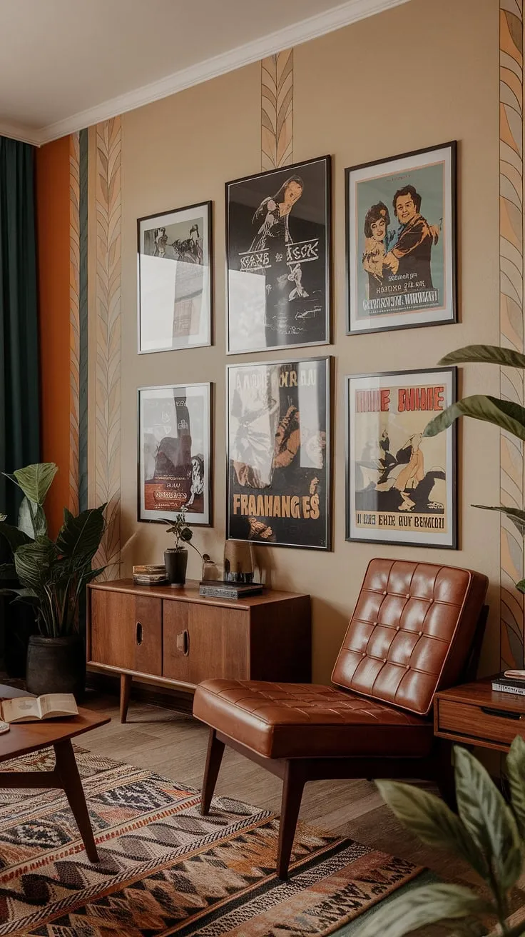 Step back in time to this Art Deco apartment, where vintage movie posters in mid-century modern frames adorn the walls, creating a gallery of cinematic history. The 70s-inspired color palette of beige and orange complements the patterned rug and leather chair, a testament to the enduring appeal of retro design. A curated collection of plants adds a touch of life to this perfectly styled space.