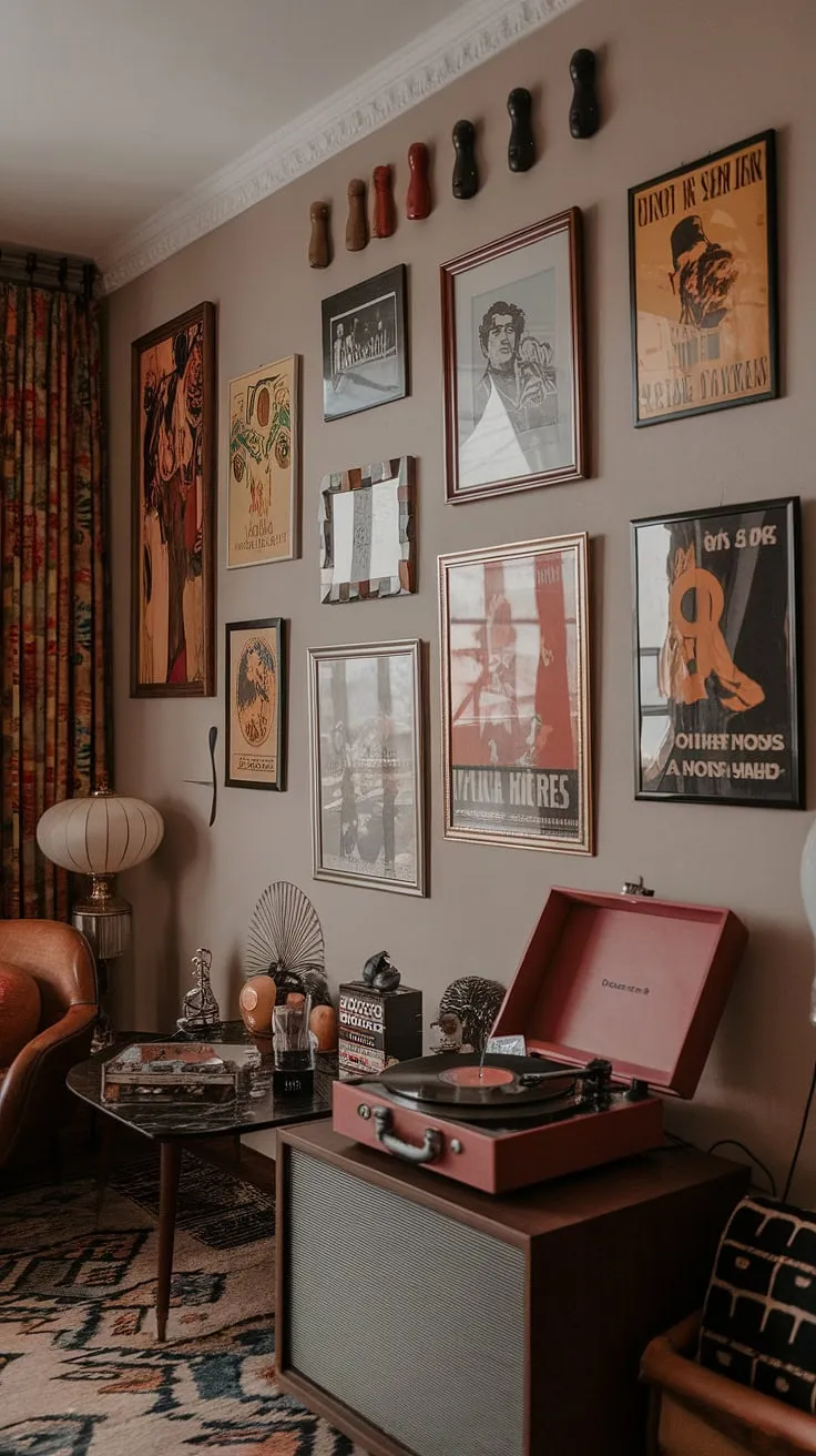 This apartment is a curated collection of eras, a harmonious blend of Art Deco architecture and 70s aesthetics. The vintage movie posters and eclectic gallery wall, framed in mid-century modern styles, create a vibrant atmosphere. A perfect example of how retro design elements can coexist beautifully, resulting in a space that is both stylish and deeply personal.