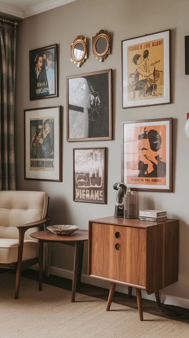 Step back in time to this effortlessly chic Art Deco apartment. The muted gray walls provide a perfect backdrop for the gallery wall's vibrant mid-century modern frames and vintage movie posters, creating a captivating blend of eras. A beige armchair and wooden side table add warmth, completing this stylish 70s-inspired haven. The overall effect is a sophisticated and inviting space, a testament to timeless design.