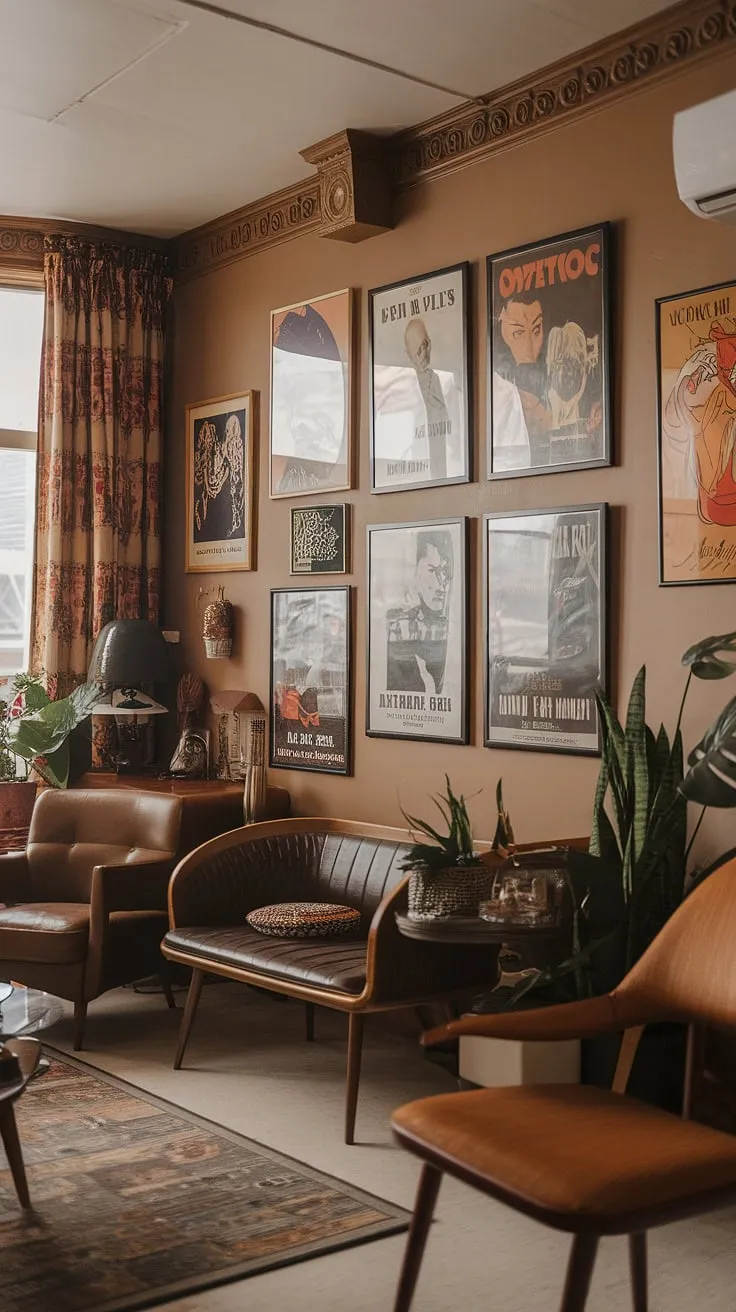 This beautifully preserved Art Deco apartment seamlessly blends vintage movie posters with 70s-inspired interior design. The warm beige walls and carefully selected furniture create a sophisticated and inviting atmosphere, showcasing the timeless elegance of retro style. A true haven for lovers of classic design.