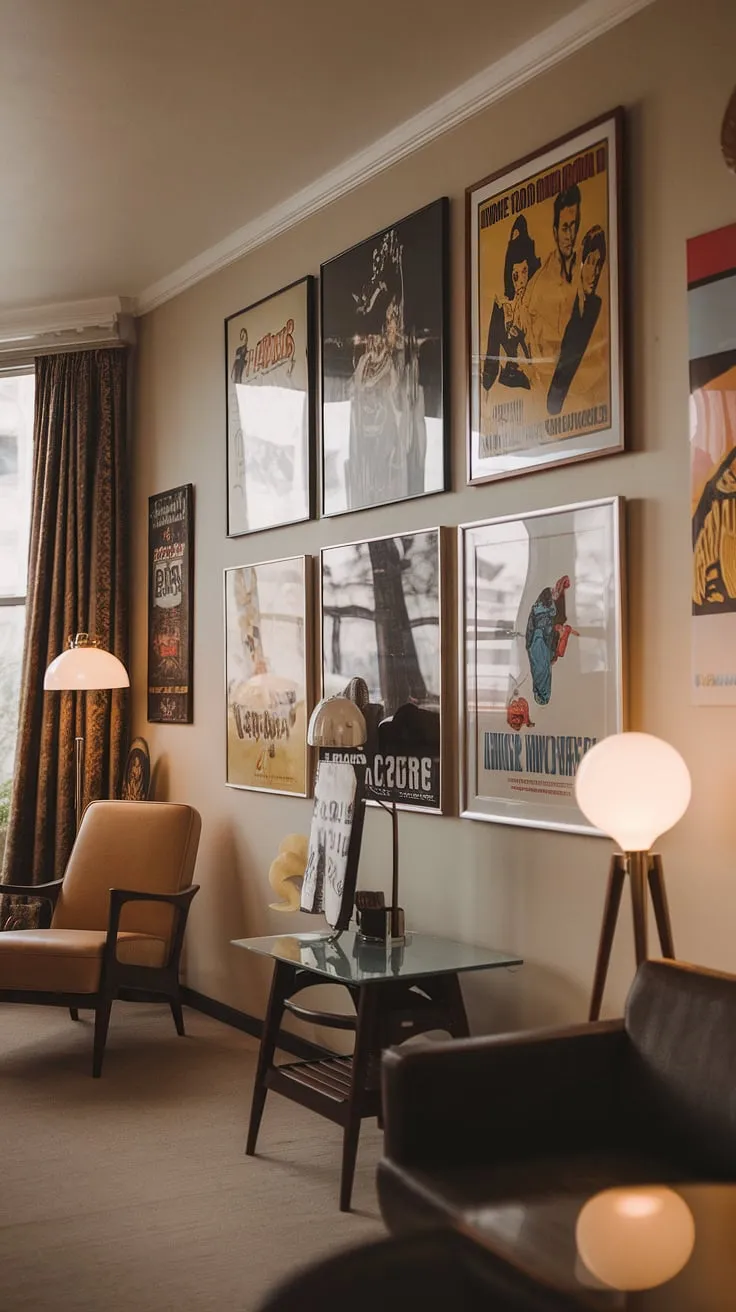 Step back in time to this effortlessly cool mid-century modern apartment. The vintage movie posters and 70s-inspired decor create a captivating atmosphere, a testament to the enduring appeal of classic design. A perfect blend of retro charm and modern comfort.