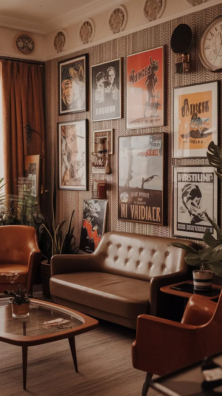 This art deco apartment is a haven of nostalgic charm. A gallery wall showcasing vintage movie posters and other artwork adds personality, while the mid-century modern furniture provides comfortable seating. The decorative patterns and strategically placed plants contribute to the overall warmth and inviting atmosphere. A truly captivating space.
