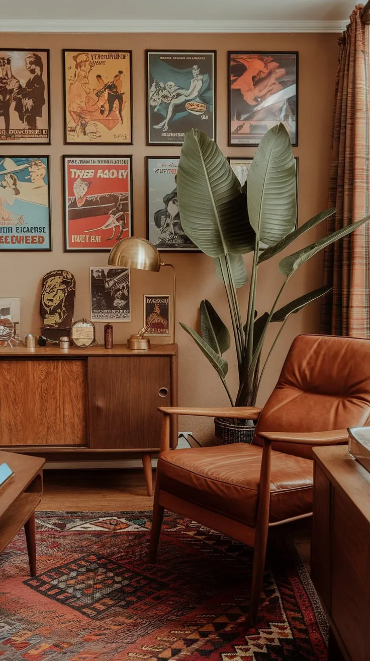 Step back in time to this effortlessly cool apartment, where Art Deco elegance meets mid-century modern comfort. The warm earthy tones, vintage movie posters, and plush leather chair create a haven of retro sophistication. A testament to the enduring appeal of classic design.