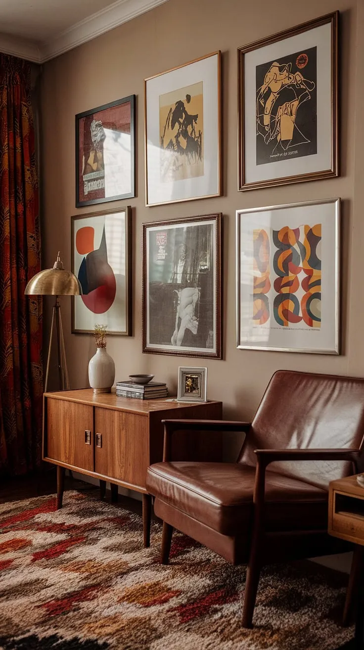 Step back in time to this effortlessly cool 70s-inspired apartment. The gallery wall, a curated mix of vintage movie posters and abstract art in mid-century modern frames, perfectly complements the rich textures of the leather chair and patterned rug. A brass lamp casts a warm glow, highlighting the sophisticated blend of retro and modern design. This space is a testament to the enduring appeal of classic style.