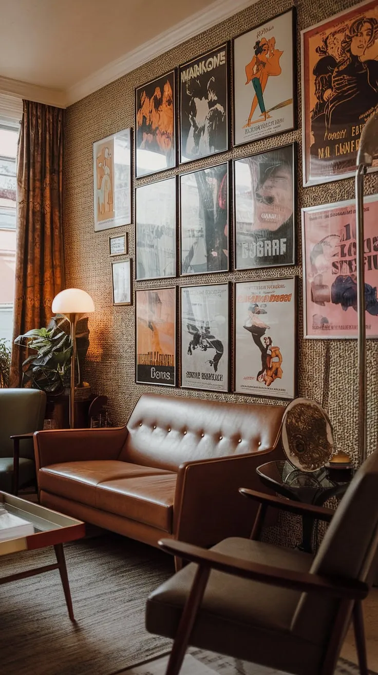 This beige-toned apartment is a testament to timeless design. Art Deco architecture meets 70s interior design, creating a captivating space filled with vintage movie posters, a comfortable mid-century modern couch, and carefully curated accents. The overall effect is a sophisticated and effortlessly cool retro haven.