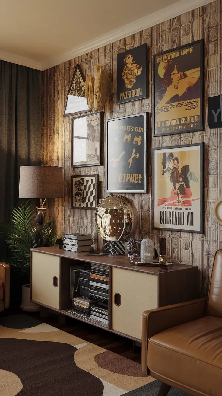 Beige and brown hues create a sophisticated backdrop for this eclectic mix of Art Deco architecture, Mid-Century Modern furniture, and 70s vintage finds. The carefully chosen details, from the patterned rug to the gallery wall's nostalgic posters, tell a story of curated living and a love for design history.