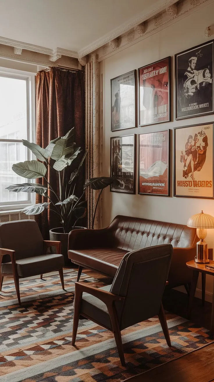 Step back in time to this effortlessly chic apartment, where Art Deco elegance meets the playful spirit of mid-century modern. The vintage movie posters, patterned rug, and iconic furniture create a vibrant atmosphere, a testament to the enduring appeal of retro design. A perfectly curated blend of eras, this space is a haven of style and sophistication.