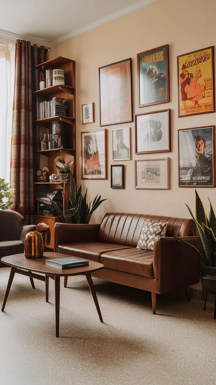 This Art Deco apartment effortlessly blends vintage charm with 70s style. The retro room decor, complete with a curated gallery wall showcasing mid-century modern frames and classic movie posters, creates a sophisticated and inviting atmosphere. The result? A space that's both timeless and utterly captivating.