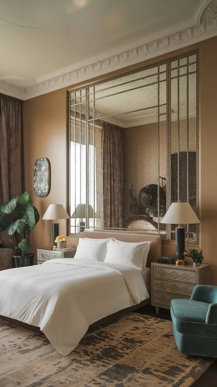 This Art Deco bedroom masterfully harmonizes curves and geometric shapes, creating an opulent sanctuary that seamlessly fuses classic elegance with modern luxury.