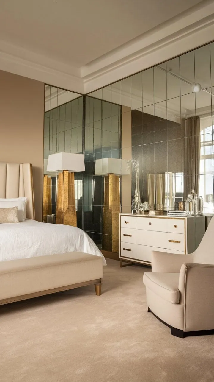 In this serene bedroom, sunlight waltzes over Art Deco elegance and modern simplicity, creating a luxurious haven of comfort and style.