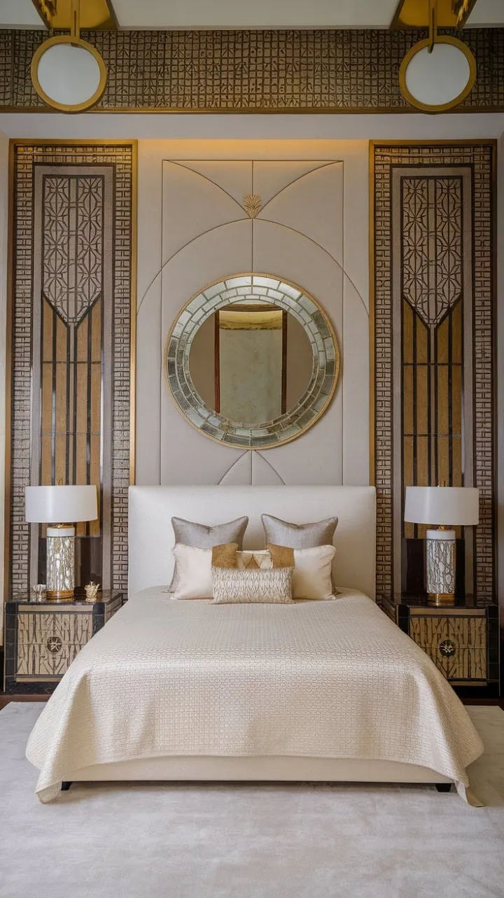 This Art Deco masterpiece elevates bedroom luxury with its soaring ceilings, exquisite details, and a striking circular mirror, creating a captivating fusion of timeless elegance and contemporary comfort.