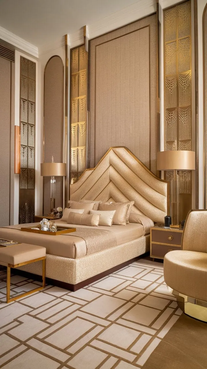 Experience the luxurious harmony of geometric artistry and plush textures in this bedroom, where old-world charm meets contemporary chic.