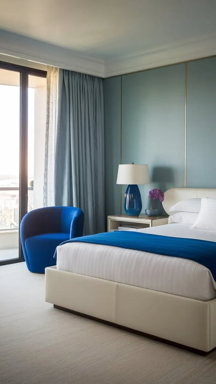 Experience the timeless elegance of this Art Deco bedroom, where subtle blue accents and luxurious textures create a stylish sanctuary with panoramic balcony views.