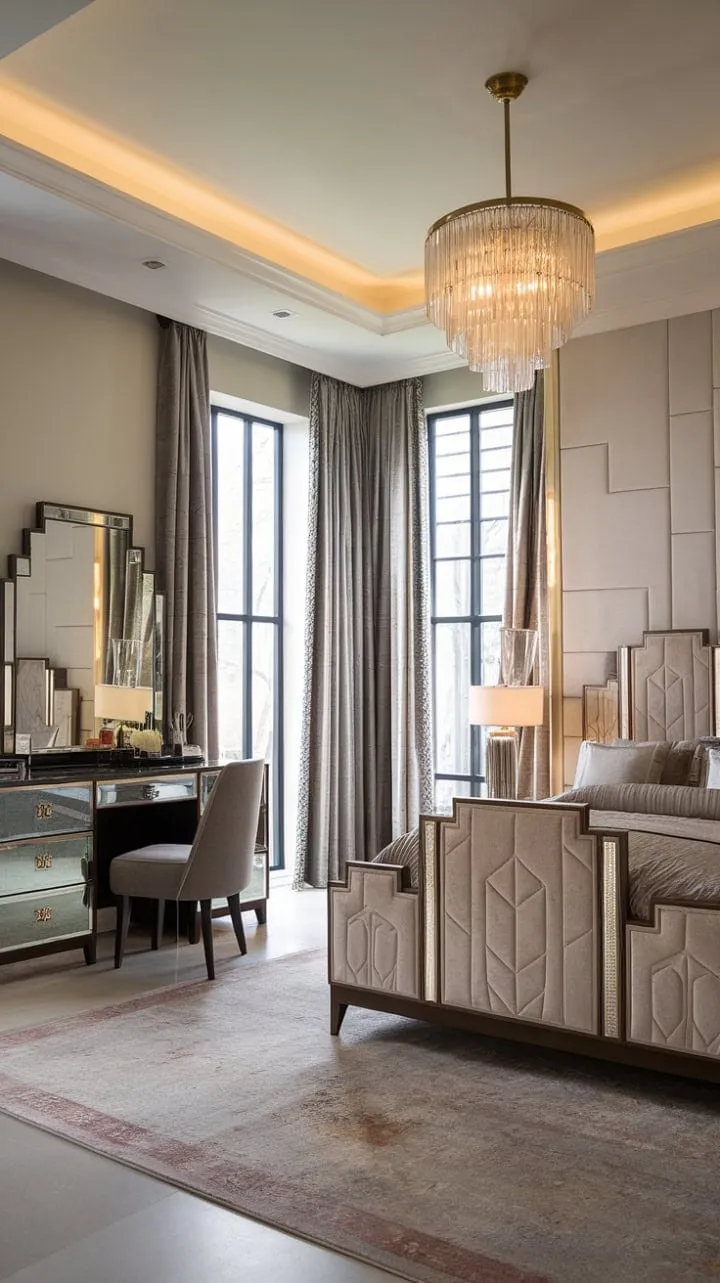 This elegantly designed bedroom harmonizes Art Deco charm with modern sophistication, creating a serene oasis of light and shadow.