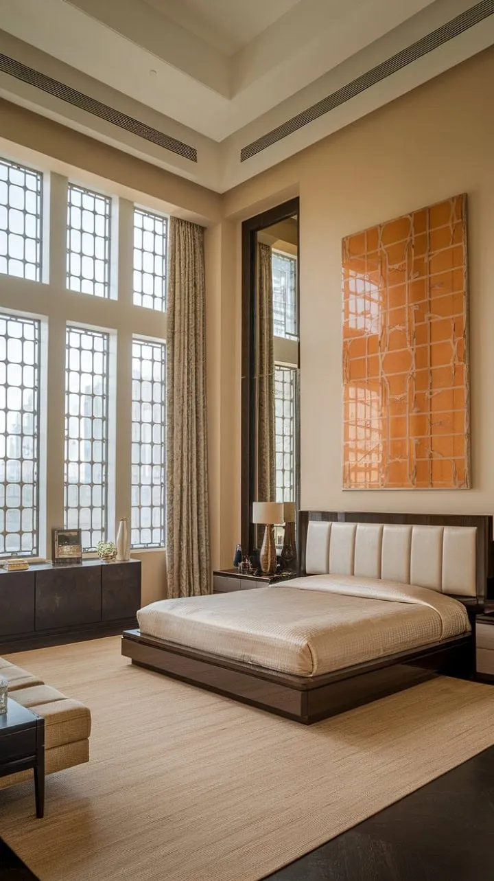Experience the refined luxury of this Art Deco sanctuary, where geometric patterns and rich textures harmonize in timeless elegance.