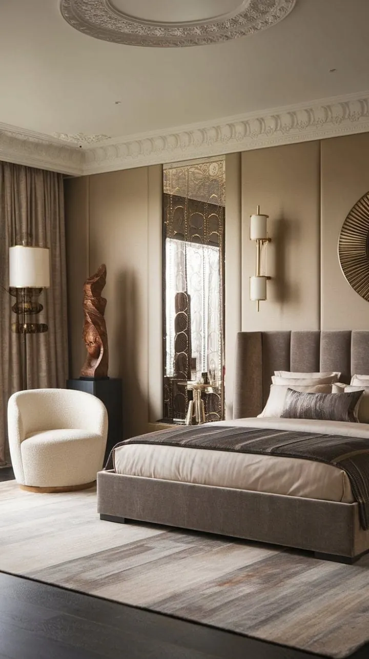 Step into a luxurious Art Deco bedroom where every detail, from the ornate ceiling to the chic floor lamp, showcases a perfect blend of timeless elegance and sophisticated design.