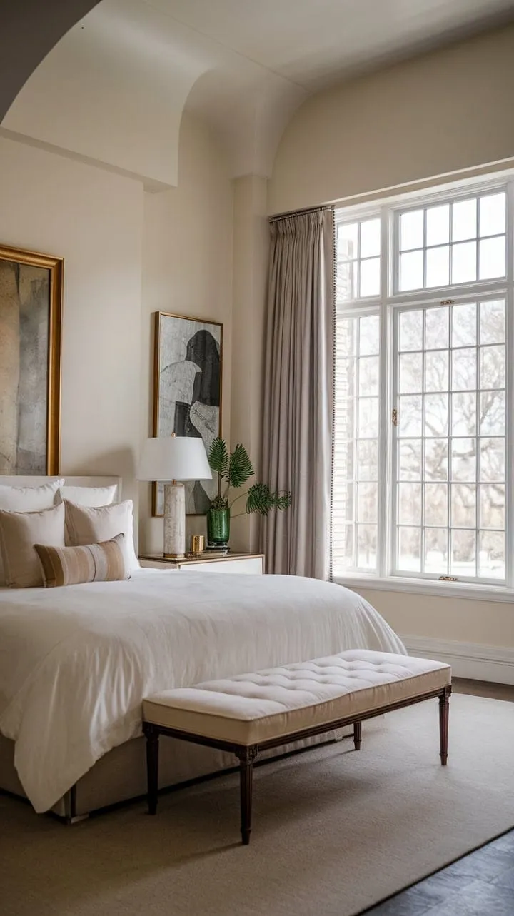 Awaken in a serene Art Deco sanctuary where high ceilings and soft lighting blend with plush bedding and vibrant greenery for a luxurious start to your day.